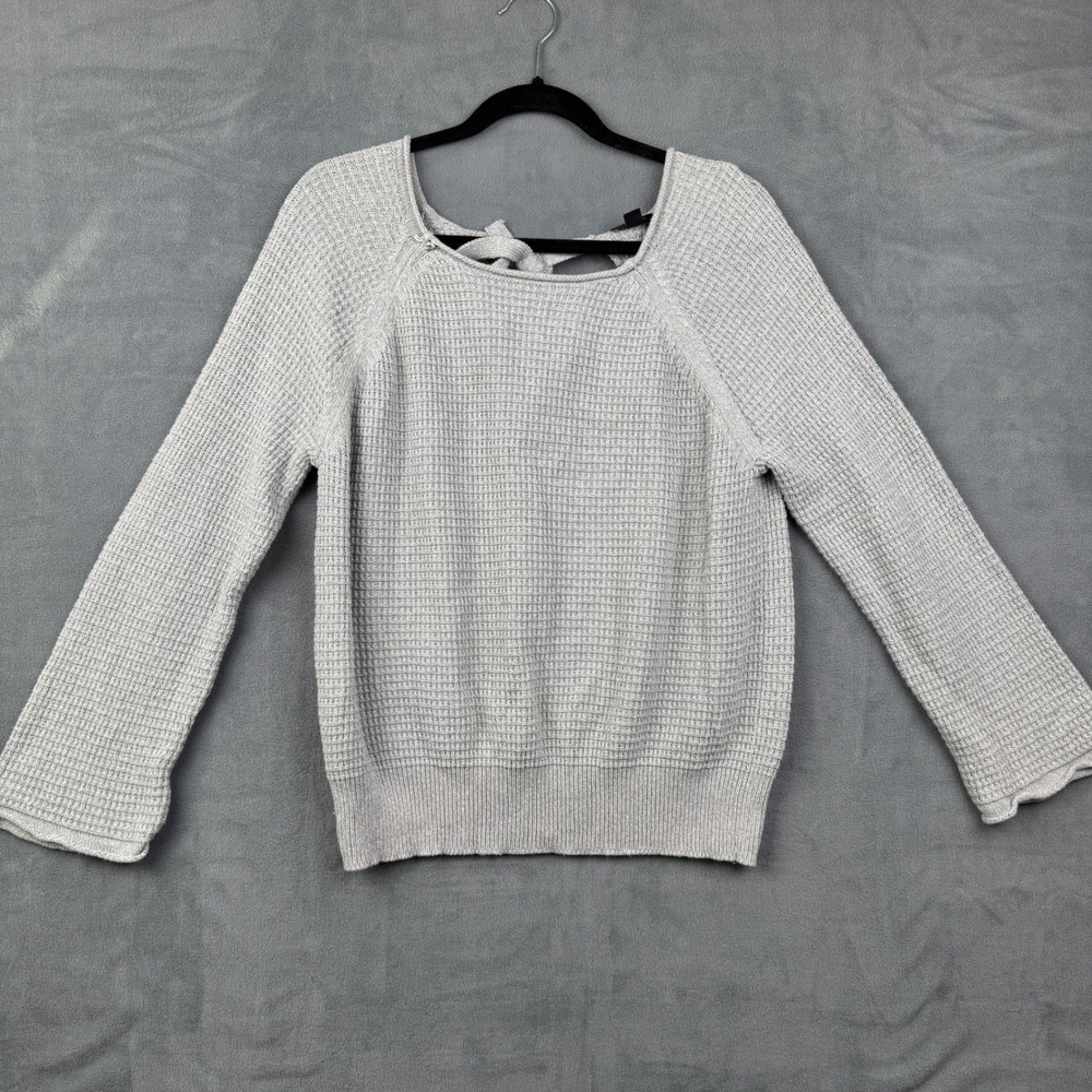 Ann Taylor Factory Womens Gray Waffle Knit Bell Sleeve Sweater Bow Back Size S